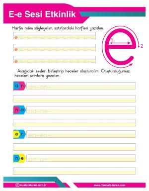 1. Sınıf E-e Sesi İlkokuma Yazma Etkinlikleri