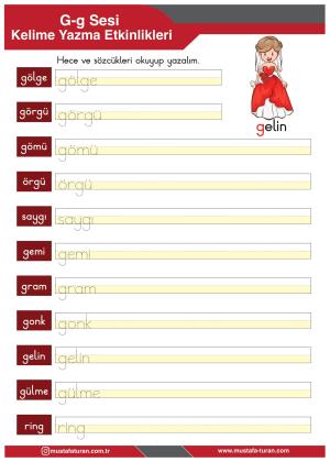 1. Sınıf G-g Sesi İlkokuma Yazma Etkinlikleri