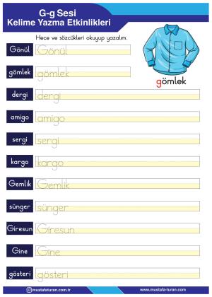 1. Sınıf G-g Sesi İlkokuma Yazma Etkinlikleri
