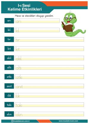1. Sınıf I-ı Sesi İlkokuma Yazma Etkinlikleri