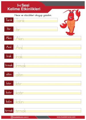 1. Sınıf I-ı Sesi İlkokuma Yazma Etkinlikleri