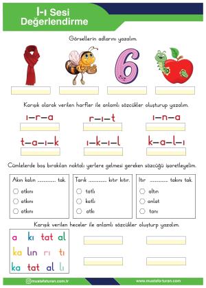 1. Sınıf I-ı Sesi İlkokuma Yazma Etkinlikleri