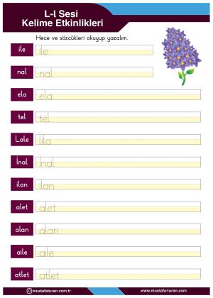 1. Sınıf L-l Sesi İlkokuma Yazma Etkinlikleri