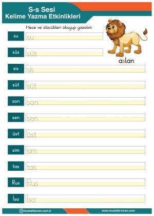 1. Sınıf S-s Sesi İlkokuma Yazma Etkinlikleri