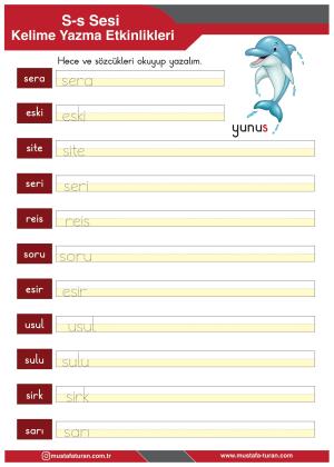 1. Sınıf S-s Sesi İlkokuma Yazma Etkinlikleri