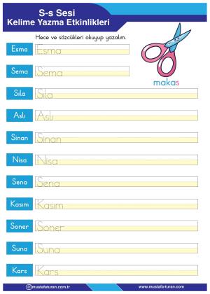 1. Sınıf S-s Sesi İlkokuma Yazma Etkinlikleri