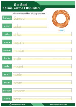 1. Sınıf S-s Sesi İlkokuma Yazma Etkinlikleri