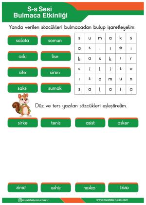 1. Sınıf S-s Sesi İlkokuma Yazma Etkinlikleri