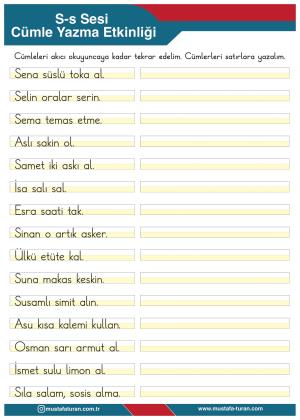 1. Sınıf S-s Sesi İlkokuma Yazma Etkinlikleri