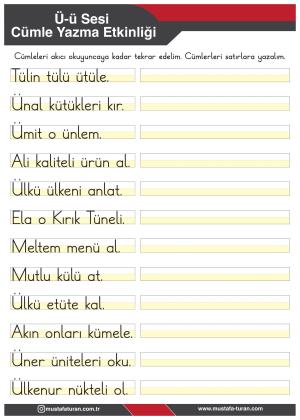 1. Sınıf Ü-ü Sesi İlkokuma Yazma Etkinlikleri