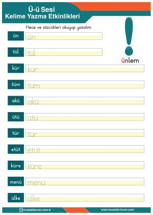 1. Sınıf Ü-ü Sesi İlkokuma Yazma Etkinlikleri