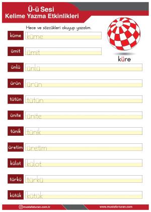 1. Sınıf Ü-ü Sesi İlkokuma Yazma Etkinlikleri