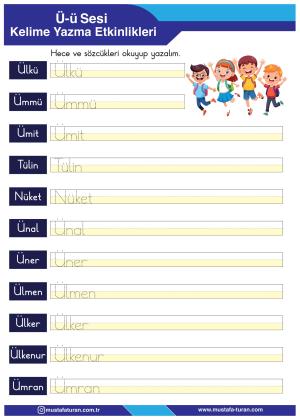 1. Sınıf Ü-ü Sesi İlkokuma Yazma Etkinlikleri