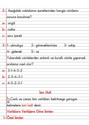 2. Sınıf Türkçe Dersi Dil Bilgisi Defter Notları