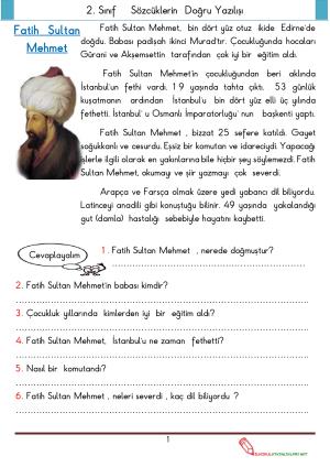 Fatih Sultan Mehmet Okuma Anlama ve Sözcüklerin Doğru Yazılışı Etkinliği
