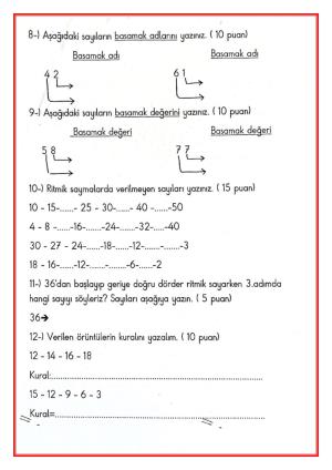 2. Sınıf Matematik Dersi 1. Dönem 1. Değerlendirme Soruları