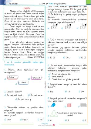 3. Sınıf 27. Hafta Değerlendirme Sınavı