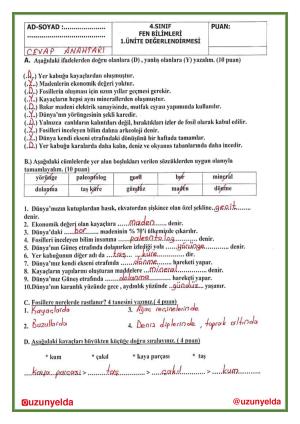 4th Grade Science 1st Unit Evaluation Questions and Answer Key