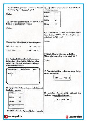4. Sınıf Matematik  Dersi 3. Ünite Değerlendirme Soru ve Cevaplar