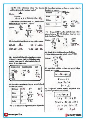 4. Sınıf Matematik  Dersi 3. Ünite Değerlendirme Soru ve Cevaplar