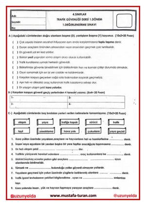 4. Sınıf Trafik Güvenliği Dersi 1. Ünite Değerlendirme Soruları ve Cevap Anahtarı