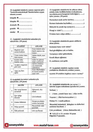 4. Sınıf  Türkçe 1. Dönem 2. Değerlendirme Sınavı ve Cevapları