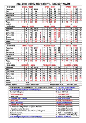 2024-2025 Eğitim-Öğretim Yılı İşgünü Takvimi 