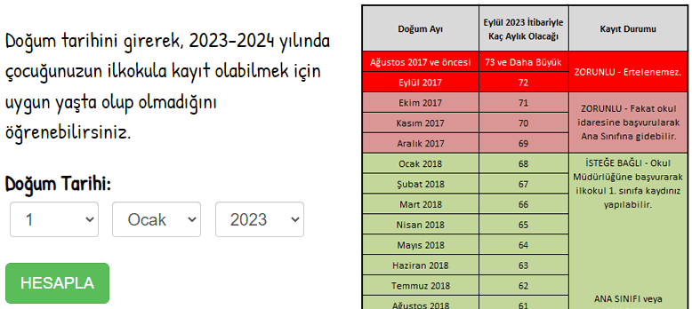 İlkokula Kayıt Yaşı Hesaplama